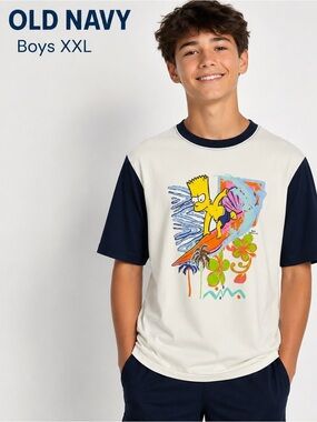 Old Navy Boys XXL Bart Simpson Graphic Surf T-Shirt White Navy Short Sleeve